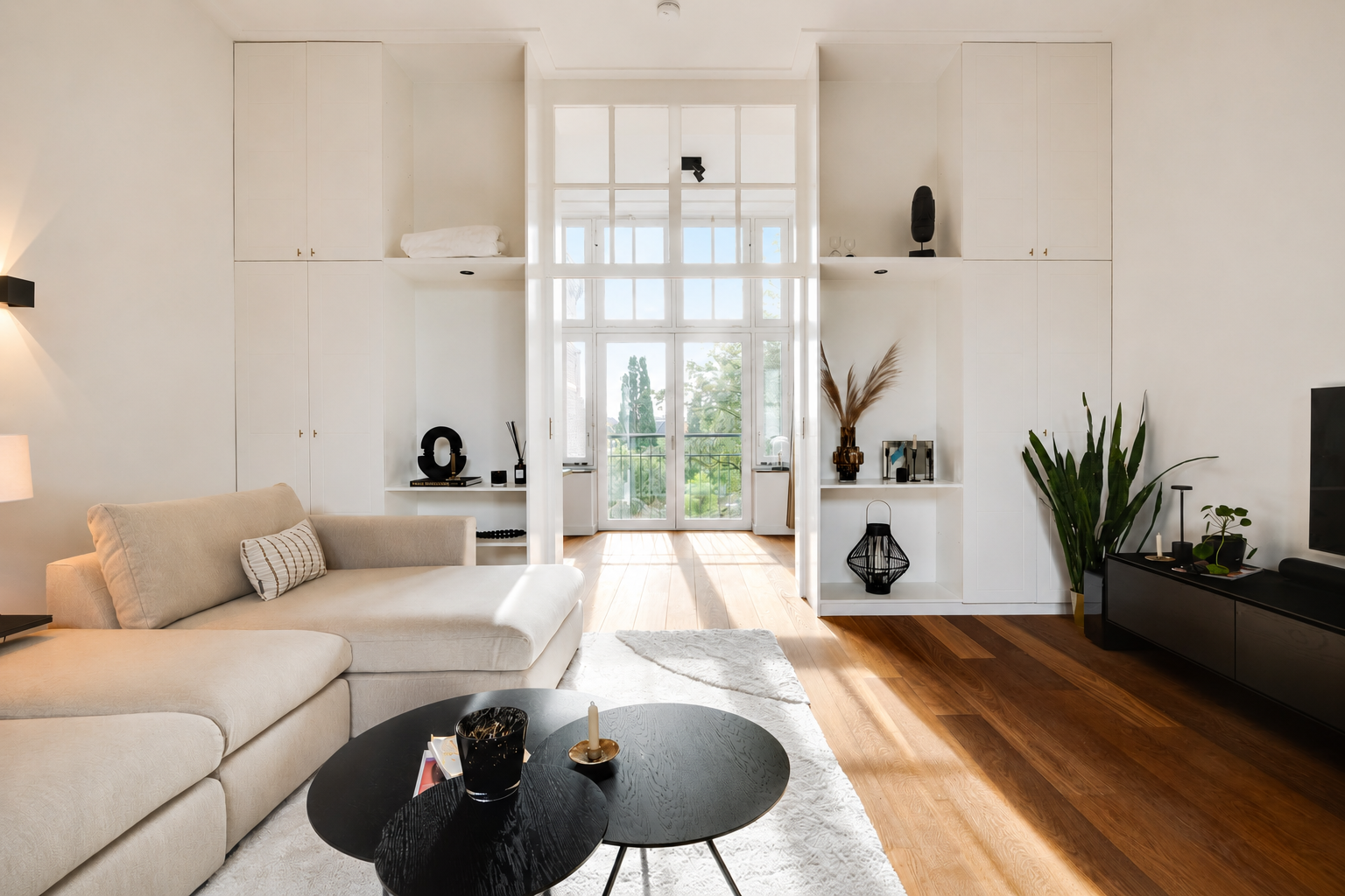 Lichte woonkamer met grote ramen
